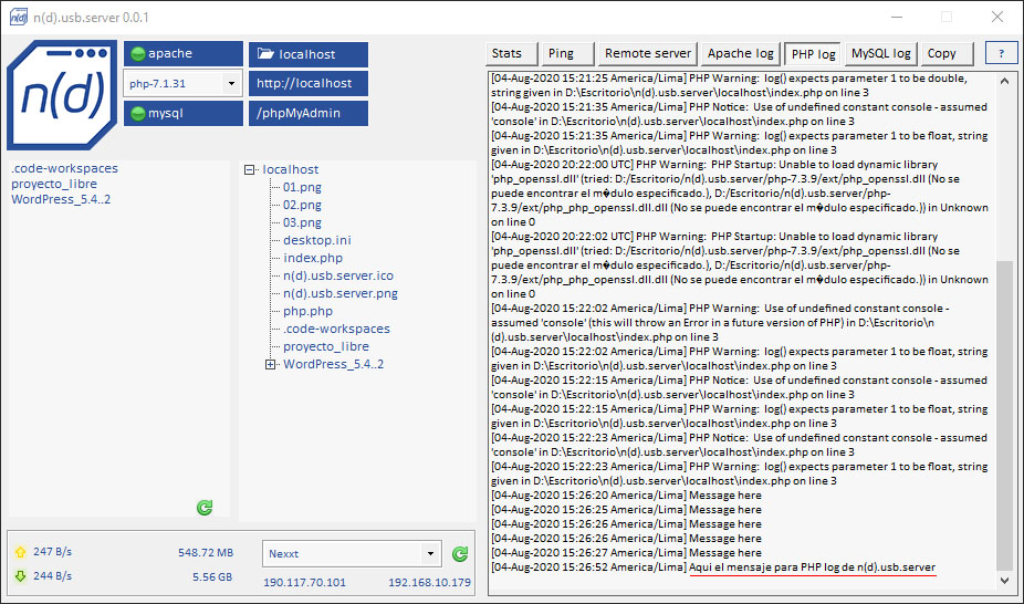 PHP log, usar la funcion error_log() para ver el resultado en PHP log de n(d).usb.server